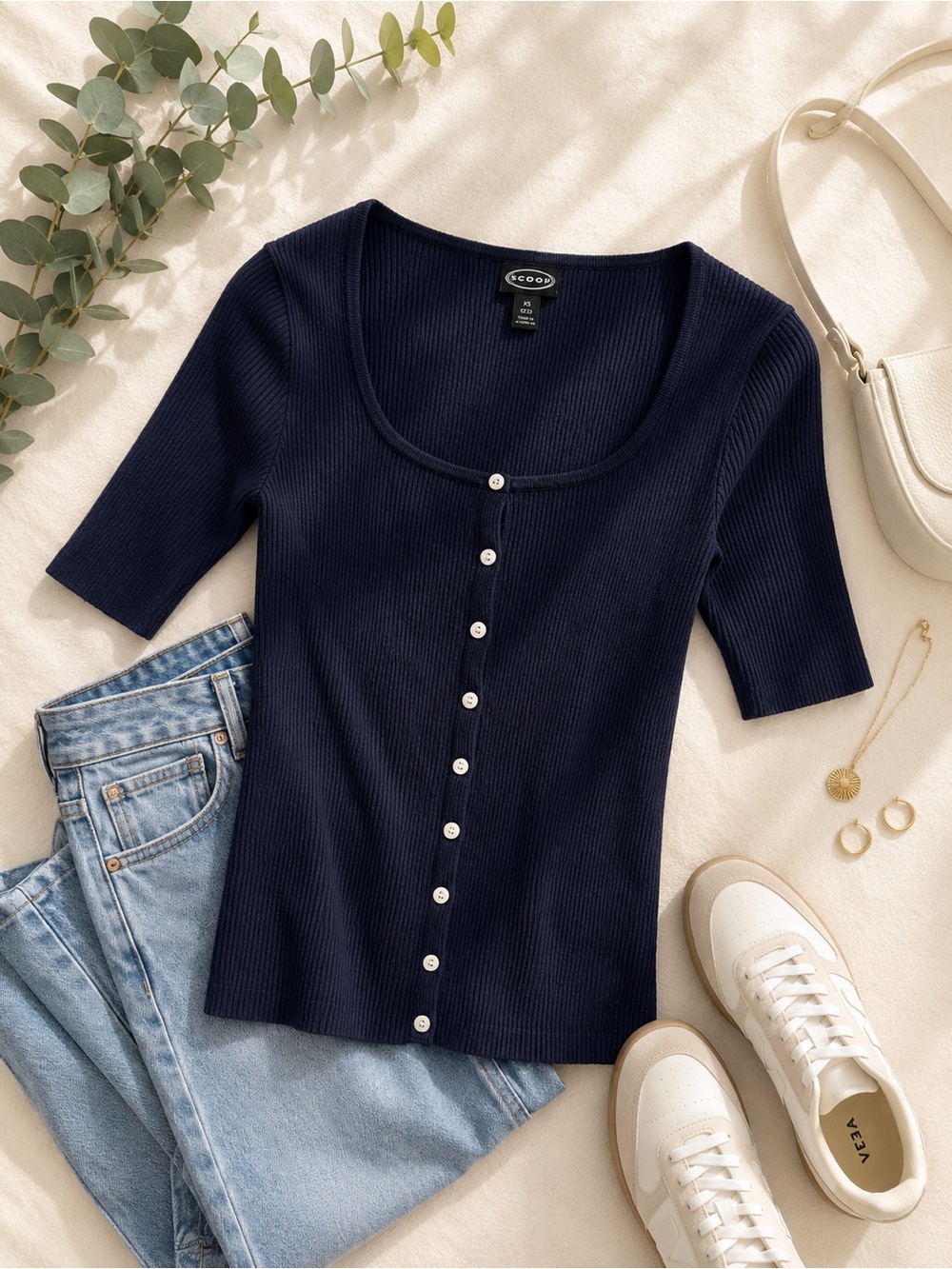 NWT Scoop Carbon Blue Ribbed Button-Front Knit Top — XS